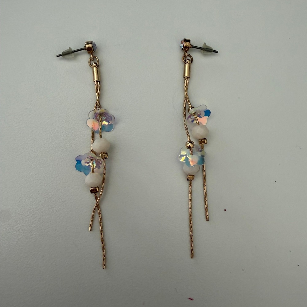 Gold Tone Iridescent Flower Dangle Earrings White Bead Chain Drop Studs